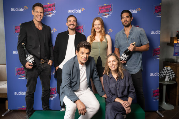 The Winning Formula cast (from left): Aaron, Jeffery, Ryan Corr, Vince Colosimo, Maddy MacRae, Lucy Bell and Tai Hara. 