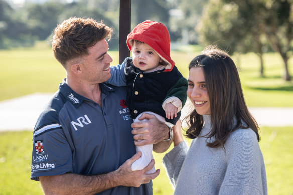 Wallabies full-back Andrew Kellaway with his wife Claudia and son Teddy.