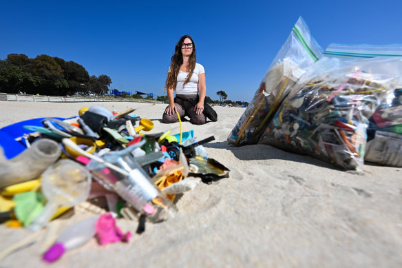 Environmental campaigner Josie Jones with litter she collected at Rye front beach on Good Friday. 