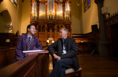 'I could talk about classical music for hours': Anna Duan, left, with elite UK organist Thomas Trotter at Scots Church. 