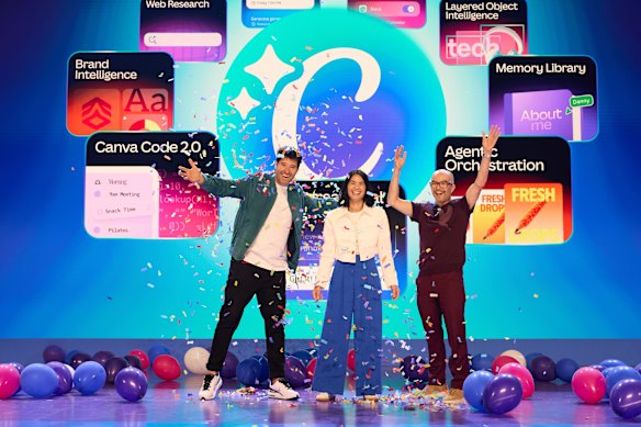 Canva founders Cliff Obrecht, Melanie Perkins and Cameron Adams have unveiled a new AI-based product push in LA.