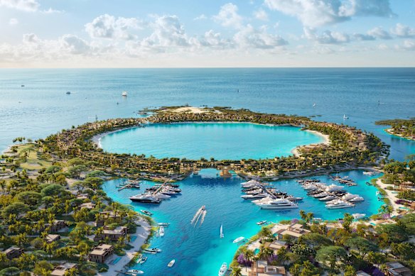 Impressão artística da Ilha Laheq em forma de anel, da Red Sea Global.