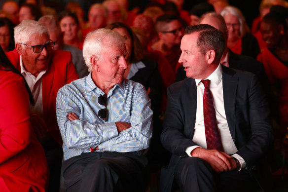 Jim McGinty and former Premier Mark McGowan at the launch at Optus Stadium.
