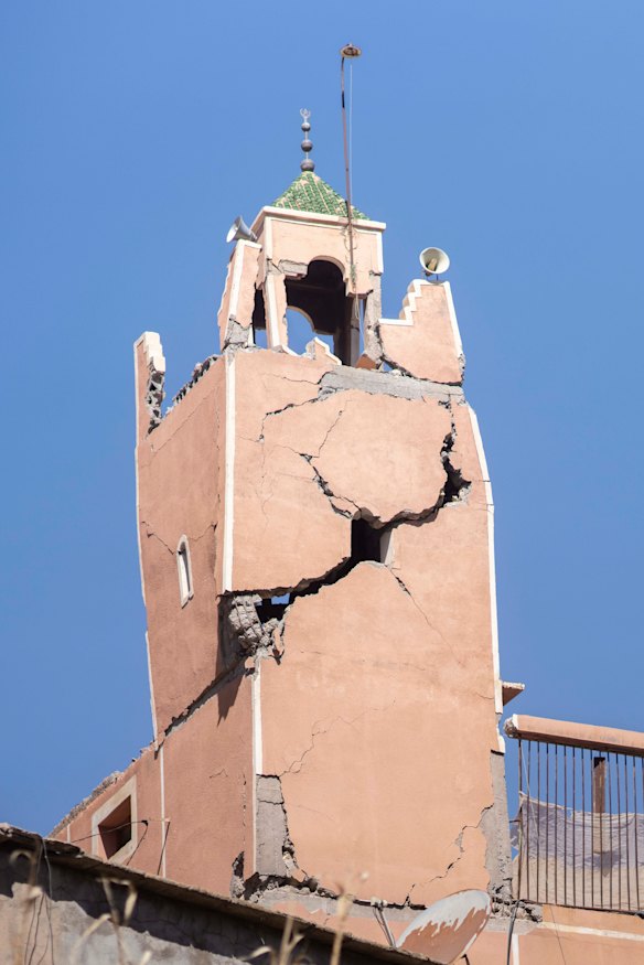 A cracked mosque minaret stands after an earthquake in Moulay Brahim village, near Marrakesh.
