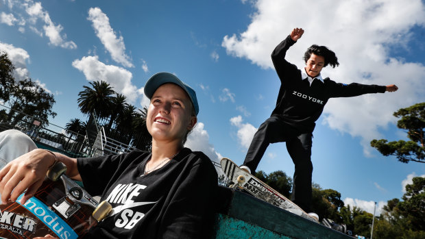 Not just hanging out: elite teenage street skateboarders Hayley Wilson, left, and Brad Saunders train hard in sessions at Riverslide Skate Park in the Alexandra Gardens.