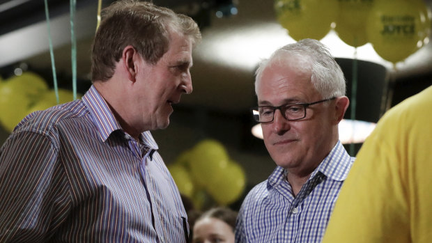 National Party president Larry Anthony and Prime Minister Malcolm Turnbull in Tamworth on the night of Barnaby Joyce's byelection win.