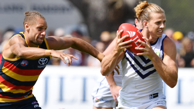 Fremantle skipper Nat Fyfe in action in the pre-season competition.