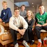 St Kilda footballer Mason Wood with partner Mikaela Schreuder and housemates Alix Tauru (left), Angus Hastie (back), and Liam O’Connell.  