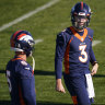 Drew Lock (right) with Riley Neal, two of the Broncos' four quarterbacks who are unable to play against the Saints.