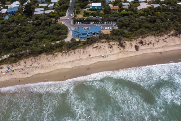An aerial view of the Inverloch surf beach, one of Victoria's major sand dune erosion trouble spots.