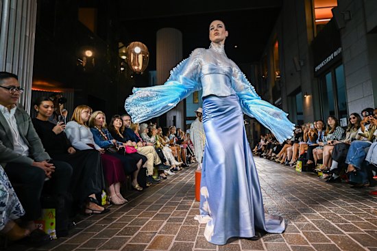 A model walks the runway at the launch of Melbourne Fashion Week on Monday. 