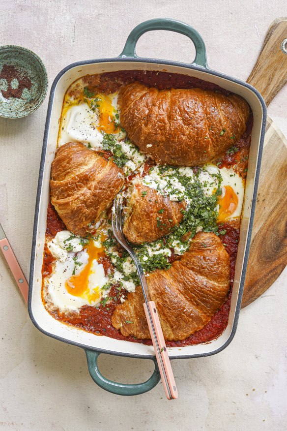 Shakshuka meets savoury bread-and-butter pudding in this bake-and-take brunch dish.