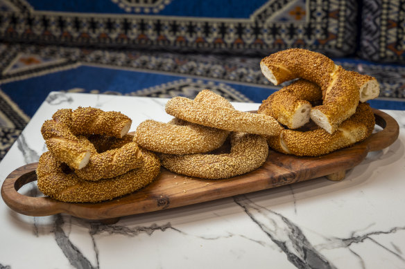 Stacks of simit, a sesame-studded bread ring that is a popular street food.