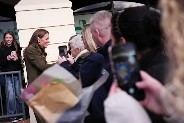 Catherine, Princess of Wales, greets well-wishers as she leaves after visiting Cafe 98 inside East Anglia’s Children’s Hospices’ (EACH) shop on October 22, 2026 in Hoveton, England. 