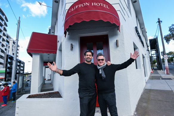 Jon Adgemis (left) of Public Hospitality Group with Guy Grossi outside the rebooted Clifton Hotel at Kew Junction.