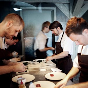 Redzepi and chefs working in the Noma kitchen in 2010.