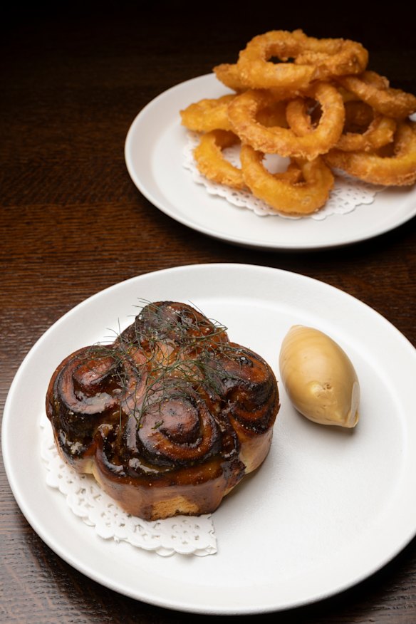 Beer-battered onion rings with vinegar salt (top) and triple-cheese scrolls with Vegemite butter.