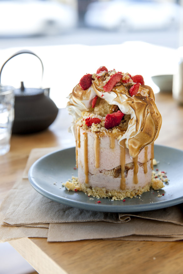 Andy Bowdy’s mini strawberry mousse cake with coffee and tequila-soaked biscuits, Nutella cremeux and Kahlua jelly.