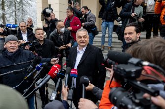 Hungarian Prime Minister Viktor Orban speaks to media after casting his ballots during the general parliamentary elections in Budapest.