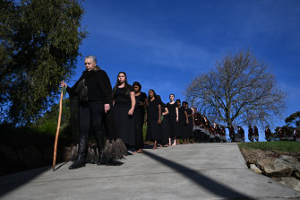 Worawa Aboriginal College principal Lois Peeler and students arrive at the launch of the Aboriginal Change Makers resource.