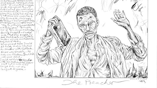 A page from George Gittoes’ diary where he wrote about the Kibeho massacre and drew the preacher who became the subject of two portraits.
