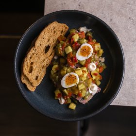 Ham hock terrine with quail’s egg. 