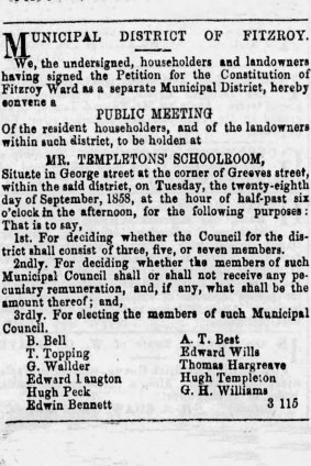 A notice of one of Fitzroy's first public meetings published in The Age on September 13, 1858.