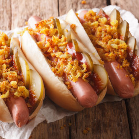 Danish hotdogs with crispy onions.