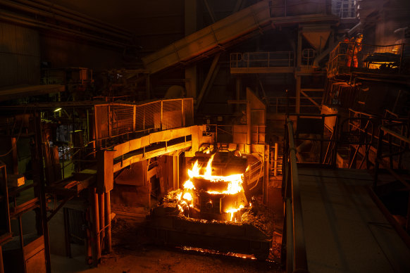 An electric arc furnace in action.