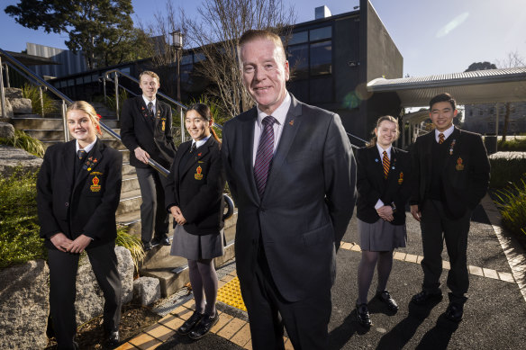 Yarra Valley Grammar principal Dr Mark Merry with students Honor Thornton, Noah Cameron, Catherine Zhook, Cassidy Coetzee and Gideon Tse.