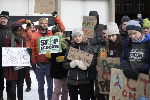 Climate activist Greta Thunberg (centre) attends a climate protest alongside the World Economic Forum in Davos, Switzerland on January 20.