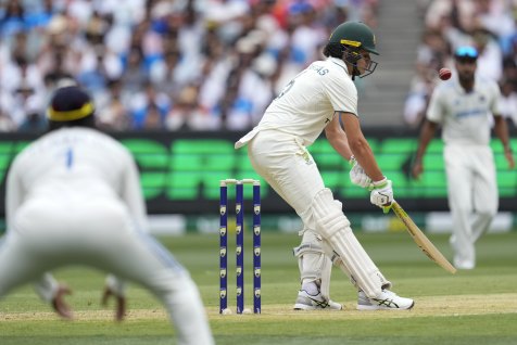 Sam Konstas plays a ramp shot against Jasprit Bumrah on day one of the Boxing Day Test.