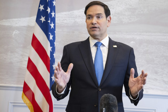 US Secretary of State Marco Rubio speaks to the media during a refuelling stop at Shannon Airport in Shannon, Ireland. 
