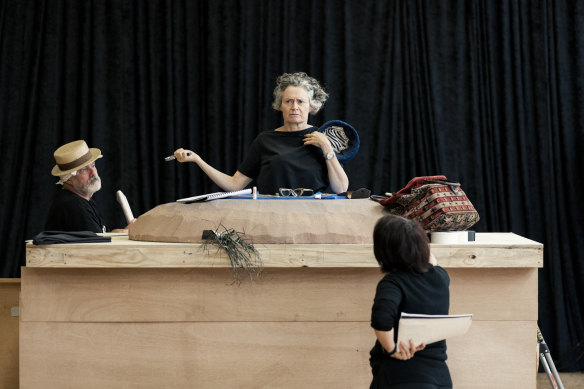 Judith Lucy in rehearsal with Hayden Spencer (left) as Willie and director Petra Kalive.