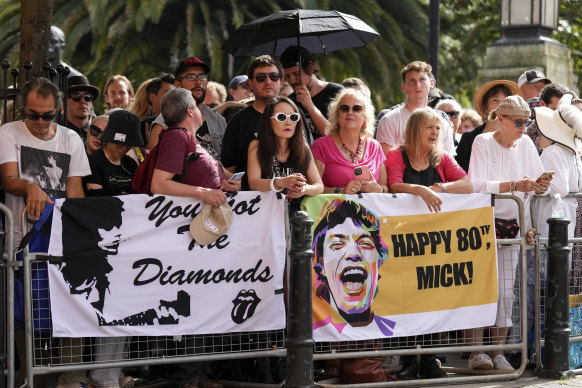 Fans gather outside the Rolling Stones’ Hackney Diamonds launch in London.