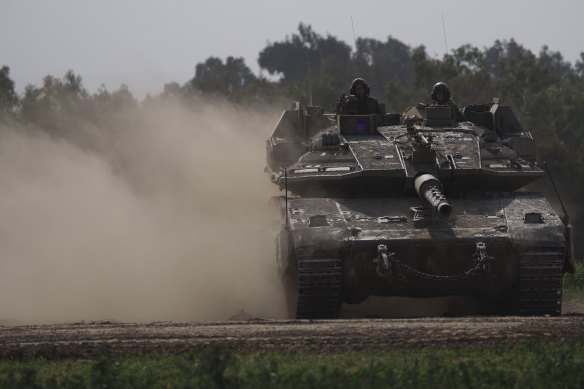 An Israeli tank near the Israeli-Gaza border, as seen from southern Israel.