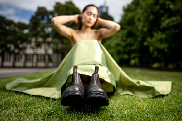 Model Liz Berry wears a Van der Kooji ensemble ahead of the Melbourne Fashion Festival, with Blundstone boots.