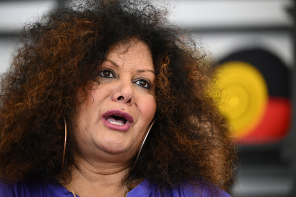 Labor Senator Malarndirri McCarthy speaks during a visit to Clothing the Gaps store in Melbourne on Monday. 