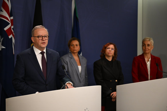 Prime Minister Anthony Albanese with (from left) Social Services Minister Amanda Rishworth, Communications Minister Michelle Rowland and Domestic, Family and Sexual Violence Commissioner Micaela Cronin.