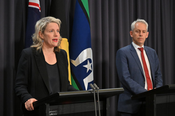 Minister for Home Affairs Clare O’Neil and Minister for Immigration Andrew Giles respond to the Nixon review into migration at a press conference at Parliament House in Canberra on Wednesday.
