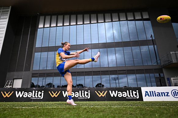 Emma Swanson of the Eagles warms up ahead of Sunday’s match against Melbourne.