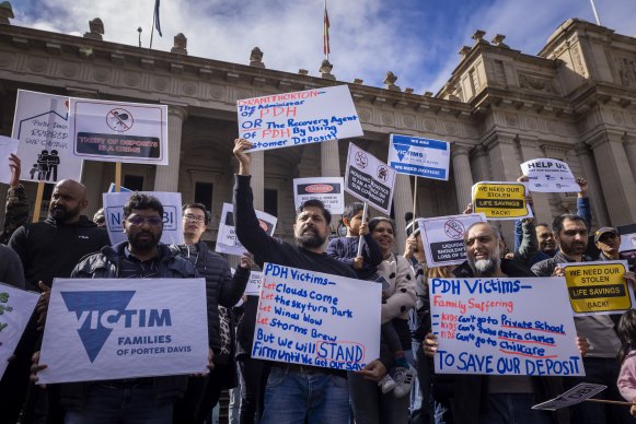 Protesters called for support from the Victorian government on the steps of parliament on Sunday.