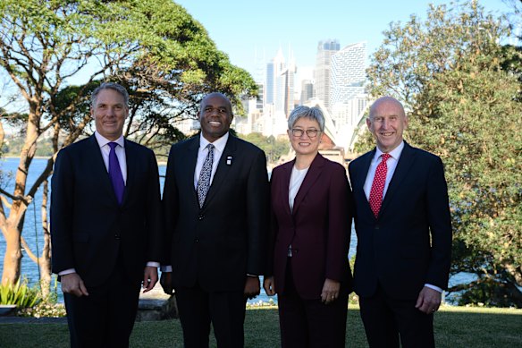 Deputy Prime Minister Richard Marles, UK Foreign Secretary David Lammy, Foreign Minister Penny Wong and UK Defence Secretary John Healey in Sydney on Friday.
