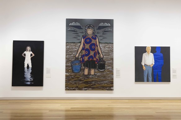 The 2022 Archibald Prize exhibition at Bunjil Place. From left: Portrait of Lisa McCune by Yvonne East Knee-deep; Moby Dickens by Blak Douglas; Dapeng Liu John and the light of ultramarine.