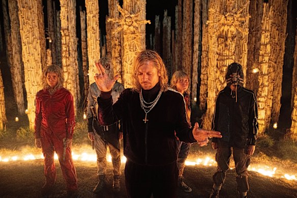 Sir Lord Jimmy Crystal (Jack O’Connell), leads a gang of Satanists modelled on the late Jimmy Savile.