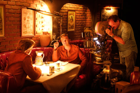 Quentin Tarantino, Leonardo DiCaprio and Brad Pitt on the set of Once Upon a Time ... in Hollywood.