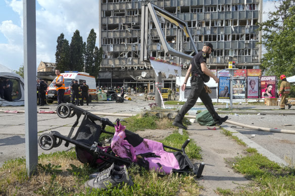 A baby stroller lies by a road after a deadly Russian missile attack in Vinnytsia, Ukraine on July 14.