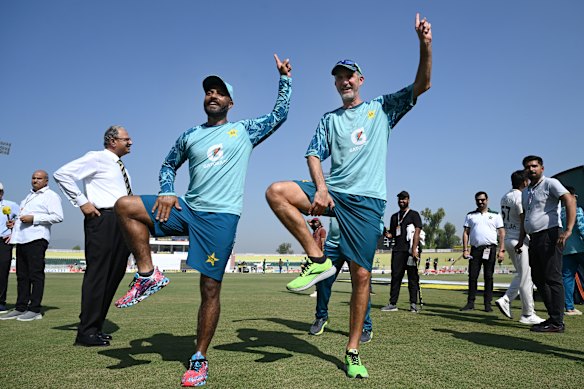 Pakistan bowler Sajid Khan and then-coach Jason Gillespie after Pakistan won against England in October 2024.