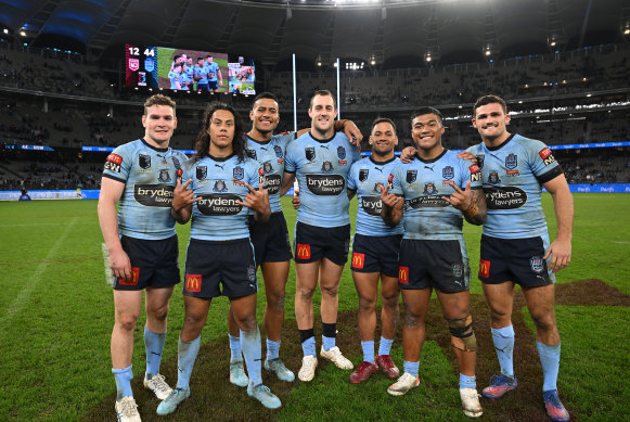 The Blue Panthers: Liam Martin, Jarome Luai, Stephen Crichton, Isaah Yeo, Api Koroisau, Brian To’o and Nathan Cleary last year.