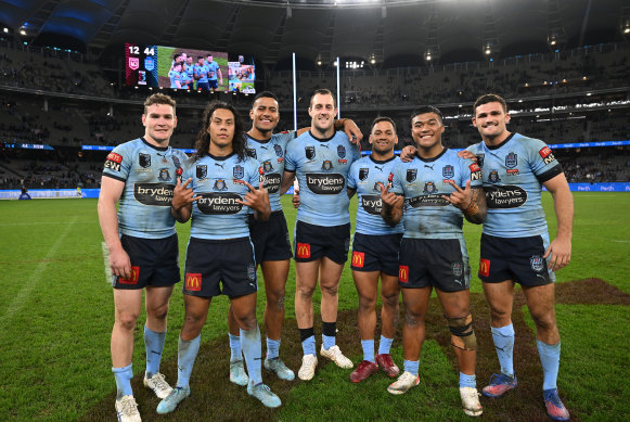 Former Panther Api Koroisau with former teammates Liam Martin, Jarome Luai, Stephen Crichton, Isaah Yeo, Brian To’o and Nathan Cleary.